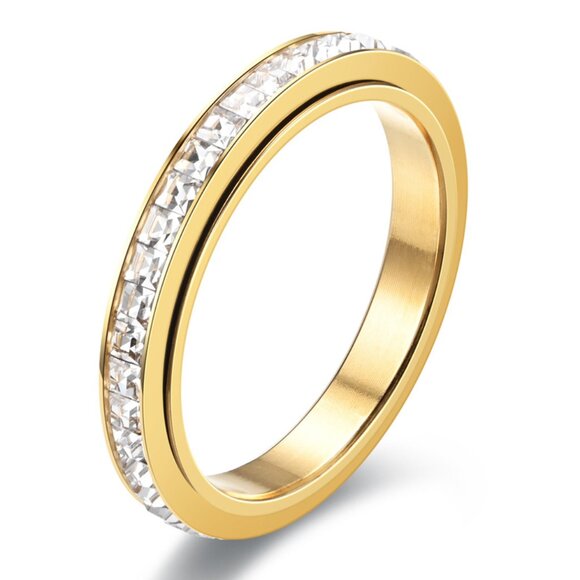 3/$35 Gold Stainless Steel Band Ring One Row Diamond Cubic Zirconia Crystal - Picture 5 of 5